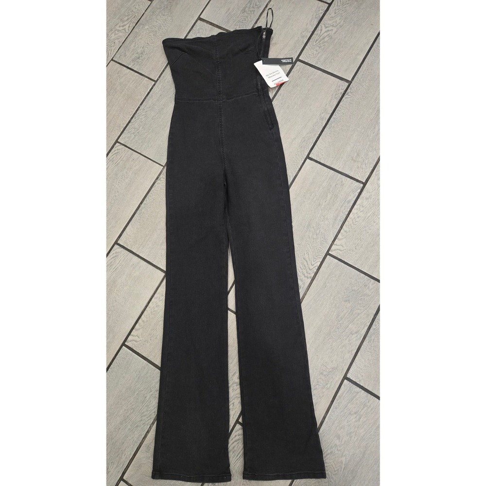 Pull&Bear Denim Shapes Strapless Jumpsuit Washed Black Flared Leg NWT Size M